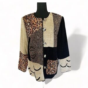 INDIGO MOON Collarless Blazer Patchwork Animal Print